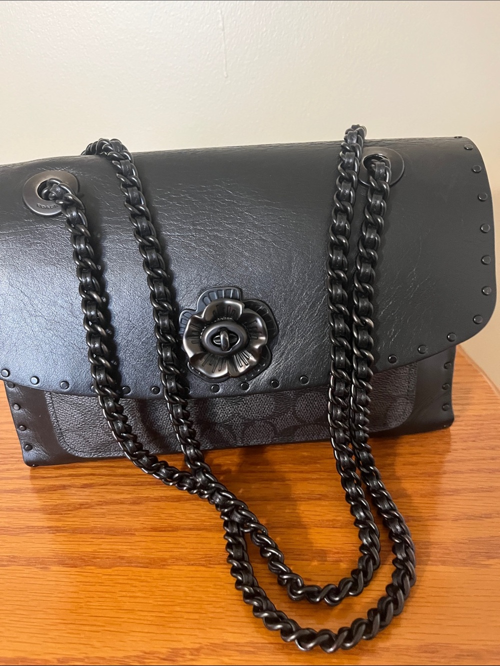 Coach Black Signature Chain Shoulder Bag with Floral Turn-Lock Accent